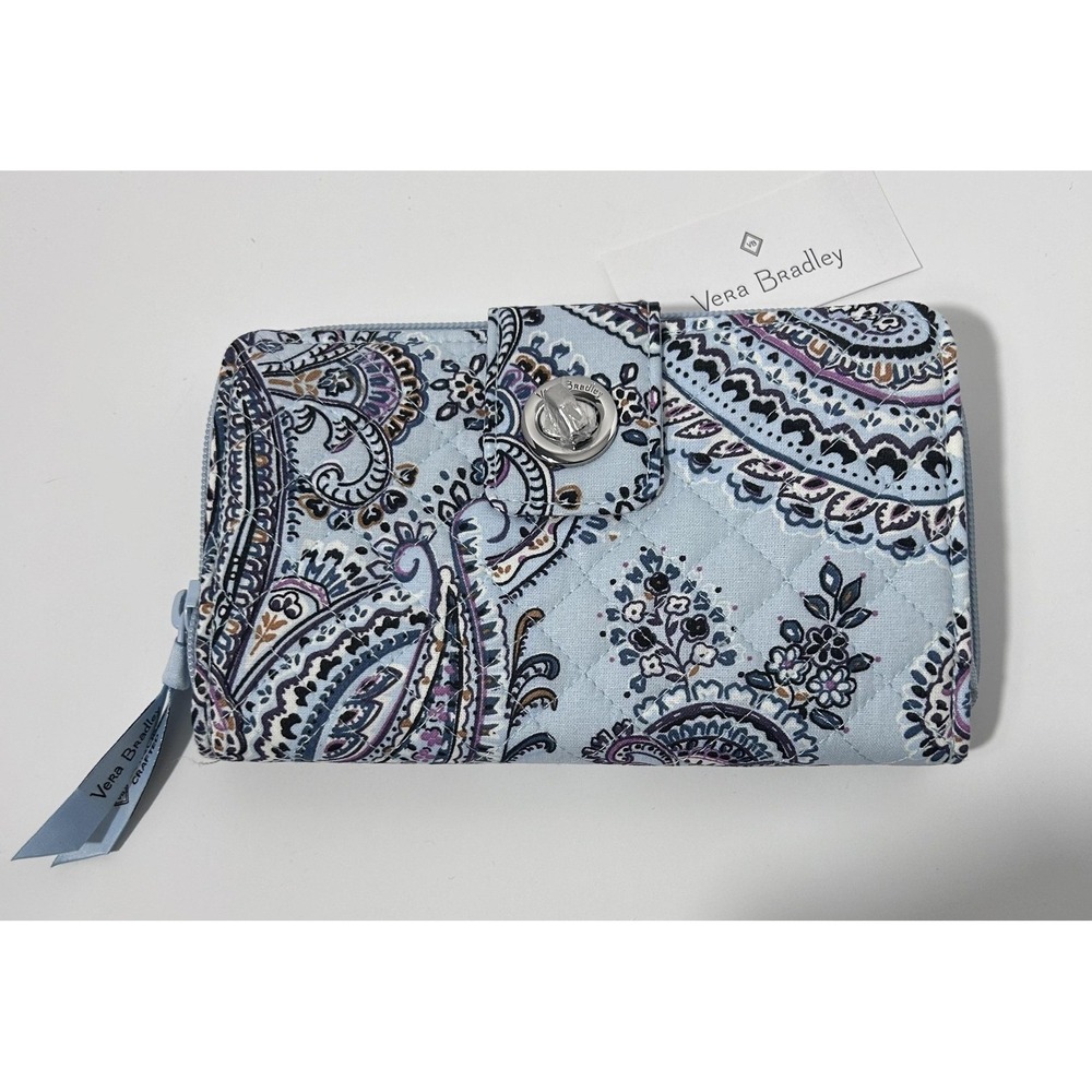 Vera Bradley RFID Turnlock Wallet Soft Sky Paisley Quilted Cotton NEW